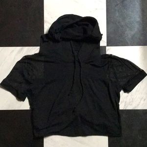 Black crop top with hoodie and sheer shoulders/chest